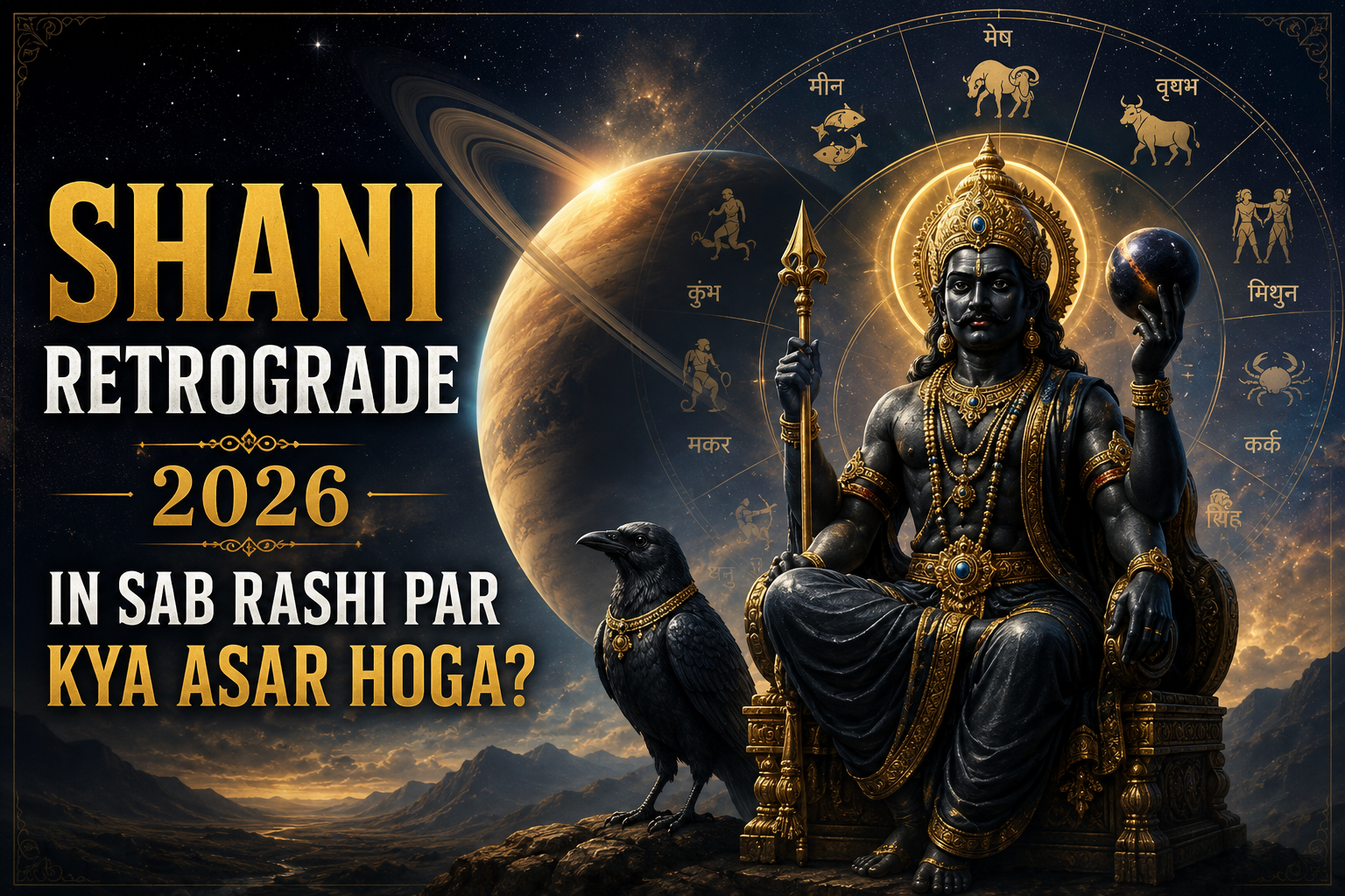 “Mystical astrology-themed illustration of Shani Dev during Shani Retrograde 2026, featuring a dark cosmic background, zodiac wheel, Saturn planet, crow symbolism, and glowing golden celestial elements with bold Hindi title text.”